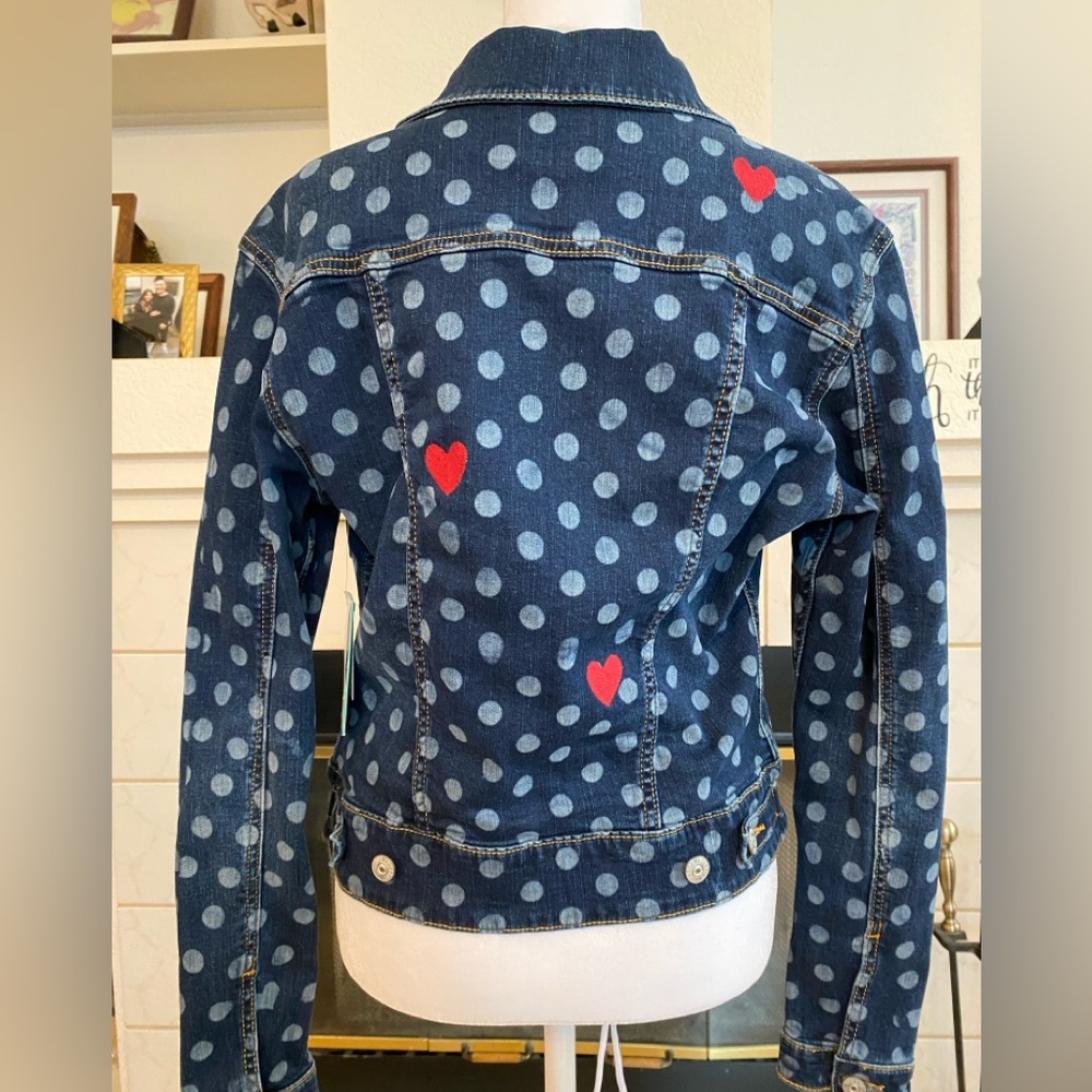LulaRoe Kenny Denim Jacket Polka Dot, Hearts, Dark/Light Blue, Size Extra Small - Picture 6 of 13